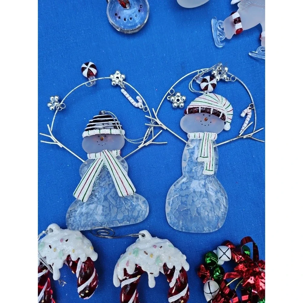 5 Frosted Snowman Ornaments‎ Lot Christmas Figures Glass & Acrylic Candy Canes